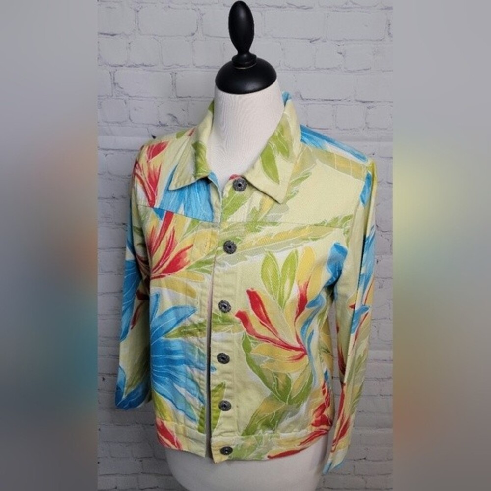 Life Style Petite Jacket Sz PS Multicolor Floral Button Collar Colorful Cotton